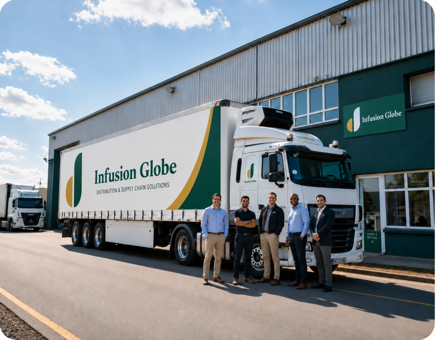 Infusion Globe distribution warehouse, branded truck, and operations team